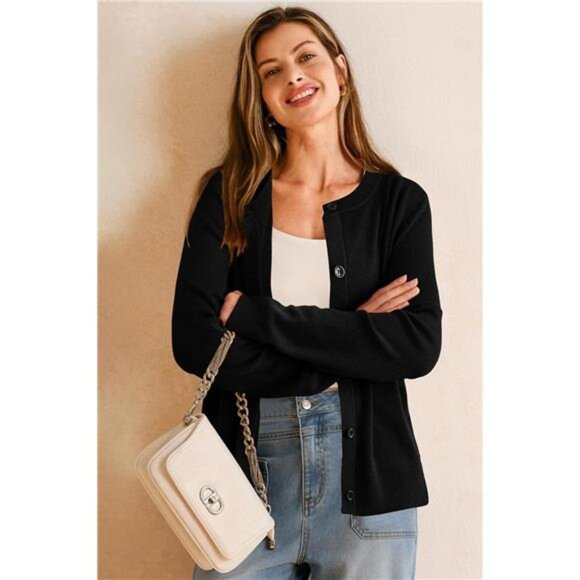 Women's Wool Blended Cardigan Sweaters Lightweight Black - Picture 3 of 6